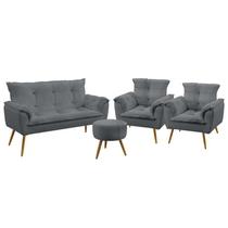 Kit Poltrona Namoradeira e 2 Poltronas Decorativas Opala Puff Solar Sued Cinza Aradecor