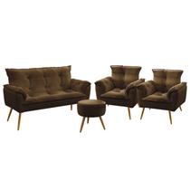 Kit Poltrona Namoradeira e 2 Poltronas Decorativas Opala Puff Solar Suede Marrom Aradecor