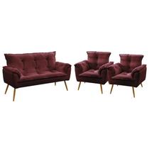 Kit Poltrona Namoradeira e 2 Poltronas Decorativas Opala Sued Bordô Aradecor