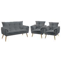 Kit Poltrona Namoradeira e 2 Poltronas Decorativas Opala Suede Cinza Aradecor