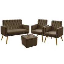 Kit Poltrona Namoradeira e 2 Poltronas Decorativas Vega Rodapé com Puff Quasar e Botões Suede Capuccino Aradecor
