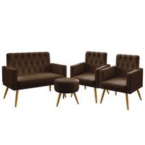 Kit Poltrona Namoradeira e 2 Poltronas Estofada Nina Com Rodapé E Capitonê Puff Solar Couro Marrom Aradecor Kit Poltrona Namoradeira e 2 Poltronas Estofada Nina Com Rodapé E Capitonê Puff Solar Couro Marrom Aradecor