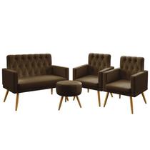 Kit Poltrona Namoradeira e 2 Poltronas Estofada Sala De Estar Nina Com Rodapé E Capitonê Puff Solar Sued Marrom Aradecor
