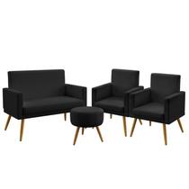 Kit Poltrona Namoradeira e 2 Poltronas Estofada Sala De Estar Nina Com Rodapé Puff Solar Couro Preto Aradeco Kit Poltrona Namoradeira e 2 Poltronas Estofada Sala De Estar Nina Com Rodapé Puff Solar Couro Preto Aradeco