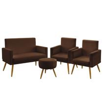 Kit Poltrona Namoradeira e 2 Poltronas Estofada Sala De Estar Nina Rodapé Puff Solar Couro Marrom Aradecor
