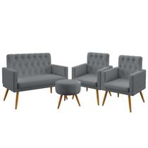 Kit Poltrona Namoradeira e 2 Poltronas Estofada Sala De Estar Vega Com Rodapé E Capitonê Puff Solar Sued Cinza Aradecor