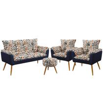 Kit Poltrona Namoradeira e 2 Poltronas Estofadas Beta com Puff Solar Sued Estampado Laranja com Azul Marinho Aradecor