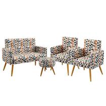 Kit Poltrona Namoradeira e 2 Poltronas Estofadas Nina Rodapé com Puff Solar Sued Estampado Laranja Aradecor