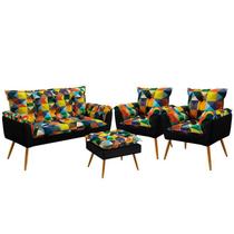 Kit Poltrona Namoradeira e 2 Poltronas Estofadas Opala com Puff Lunar Sued Estampado Colorido com Preto Aradecor Kit Poltrona Namoradeira e 2 Poltronas Estofadas Opala com Puff Lunar Sued Estampado Colorido com Preto Aradecor