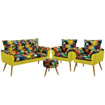 Kit Poltrona Namoradeira e 2 Poltronas Estofadas Opala com Puff Solar Sued Estampado Colorido com Amarelo Aradecor Kit Poltrona Namoradeira e 2 Poltronas Estofadas Opala com Puff Solar Sued Estampado Colorido com Amarelo Aradecor