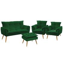 Kit Poltrona Namoradeira e 2 Poltronas para Sala de Estar Beta com Puff Lunar Sued Verde Aradecor
