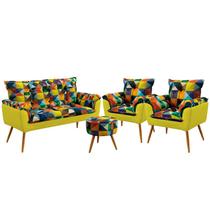 Kit Poltrona Namoradeira e 2 Poltronas para Sala de Estar Beta Puff Solar Sued Estampado Colorido com Amarelo Aradecor
