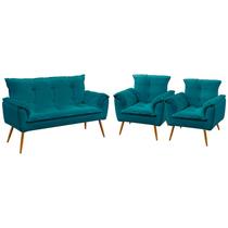 Kit Poltrona Namoradeira e 2 Poltronas para Sala de Estar Beta Sued Azul Turquesa Aradecor