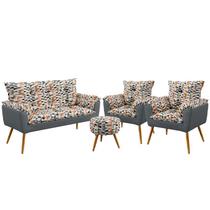 Kit Poltrona Namoradeira e 2 Poltronas Para Sala de Estar Opala com Puff Solar Sued Estampado Laranja com Cinza Aradecor