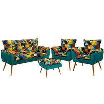 Kit Poltrona Namoradeira e 2 Poltronas Sala de Estar Opala Puff Lunar Sued Estampado Colorido com Azul Turquesa Aradecor Kit Poltrona Namoradeira e 2 Poltronas Sala de Estar Opala Puff Lunar Sued Estampado Colorido com Azul Turquesa Aradecor