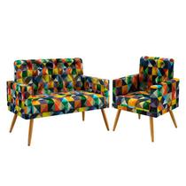 Kit Poltrona Namoradeira e Poltrona Para Sala de Estar Nina com Capitonê Sued Estampado Colorido Aradecor Kit Poltrona Namoradeira e Poltrona Para Sala de Estar Nina com Capitonê Sued Estampado Colorido Aradecor