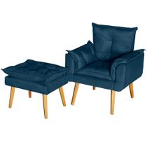 Kit Poltrona Para Sala Decorativa e Puff Opala Suede Azul