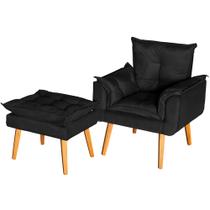 Kit Poltrona Para Sala Decorativa e Puff Opala Veludo Preto