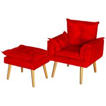 Kit Poltrona Para Sala Decorativa e Puff Opala Veludo Vermelho