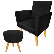 Kit Poltrona + Puff Decorativo Maitê Suede Preto Pés Madeira Ms Decor