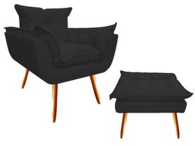 Kit Poltrona + Puff Decorativo Opala Suede Preto Pés Madeira Mz Decor Kit Poltrona + Puff Decorativo Opala Suede Preto Pés Madeira Mz Decor