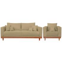 Kit Poltrona + Sofá 3 Lugares Reforçado Base Madeira Suede