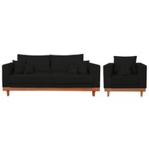 Kit Poltrona + Sofá 3 Lugares Reforçado Base Madeira Suede
