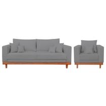 Kit Poltrona + Sofá Reforçado Com Base Madeira Linho