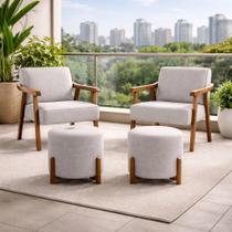 Kit Poltronas Aura Com Dois Pufes Inclusos Decorativo Cinza Claro Linho