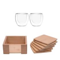 Kit Porta 6 Copos De Bambu + Par De Copos Borossilicato