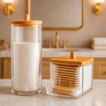 Kit Porta Algodão Cotonete Organizador Tampa Bambu Makeup PLATINA