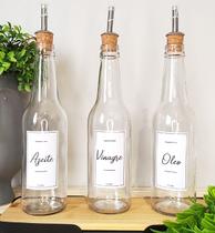 Kit Porta Azeite, Óleo e Vinagre 03 Frascos de Vidro 355ml com Bico Dosador Rolha + Adesivos