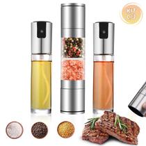 Kit Porta Azeite Vinagre Óleo Culinário Spray Salada Refeição Cozinha Moedor Sal Pimenta Manual 2 em 1 Gourmet Kit 3 Pcs