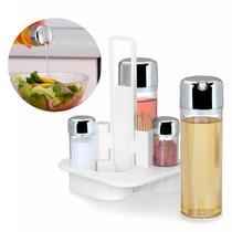 Kit Porta Azeite Vinagre Sal Pimenta E Palitos Com Galheteiro Cromado E Suporte De Mesa