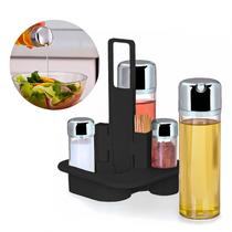Kit Porta Azeite Vinagre Sal Pimenta E Palitos Com Galheteiro Cromado E Suporte De Mesa