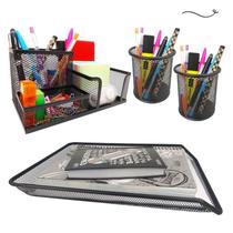 Kit Porta Caneta, Bandeja Organizadora e Organizador de Mesa Preto