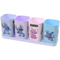Kit Porta Canetas Lápis Organizador Mesa Escritório com Bandeja 5 Peças Stitch