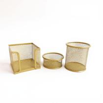 Kit Porta Canetas Organizador Escritório Dourado Aramado Porta Treco 3 Unidades