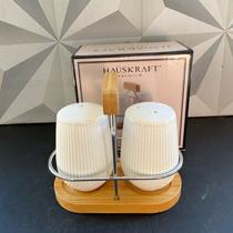 Kit porta condimento de cerâmica com suporte de bambu 3 peças branco para sal orégano temperos saleiro vidro de cozinha