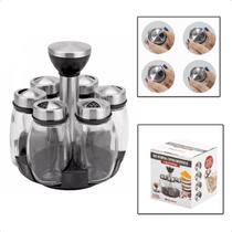 Kit Porta Condimento Tempero 6pçs Vidro Inox Base Giratória