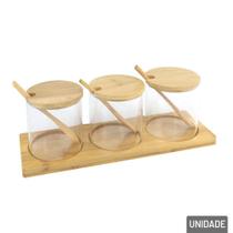 Kit porta condimento vidro 03 peças suporte bambu 400 ml cada