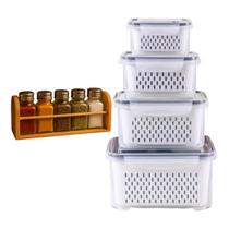 Kit Porta Condimentos Bambu Cozinha 4 Organizadores de Geladeira Pote Hermético