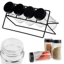 Kit Porta Condimentos De Vidro 4 Porta Temperos Com Suporte Aramado Horizontal Preto - EM CASA TEM Kit Porta Condimentos De Vidro 4 Porta Temperos Com Suporte Aramado Horizontal Preto - EM CASA TEM