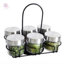 Kit Porta Condimentos Em Vidro Com Tampa E Suporte Em Metal Kit Porta Condimentos Em Vidro Com Tampa E Suporte Em Metal