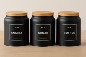 Kit Porta Condimentos preto 3 Peças coffee, sugar e snacks. Pote café, biscoito e açúcar