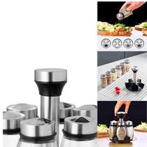 kit Porta Condimentos Tempero 6 Frascos de Vidro e Base Giratória Inoxidável kit Porta Condimentos Tempero 6 Frascos de Vidro e Base Giratória Inoxidável