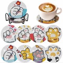 Kit porta copos gatinhos diamond painting 8 peças c/ suporte