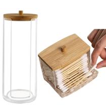 Kit Porta Cotonetes + Porta Algodão Com Tampa de Bambu