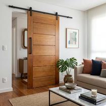 Kit Porta de Correr Completa BBB 62x210cm em Madeira com Trilho Preto Cedro Arana