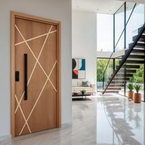 Kit Porta de Madeira Frisada 215x109cm Batente 14cm Fechadura Digital e Puxador Rodam Portas